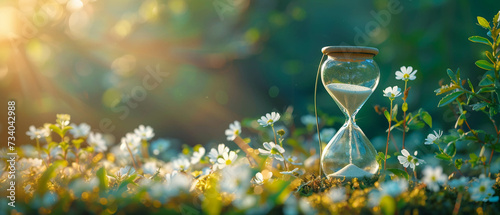 Hourglass in front of a nature background spring and vacation atmosphere time passing environmental issues responsible environmental dates Ecological concept a big copy space photo