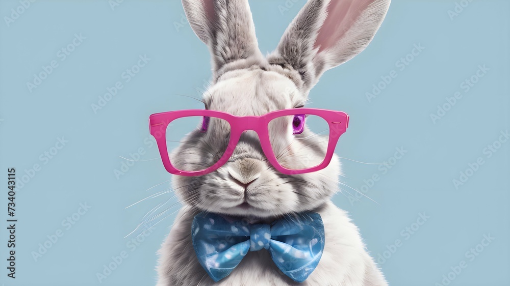 image of a cool gray Easter bunny with a butterfly on his neck and pink sunglasses. Easter holiday