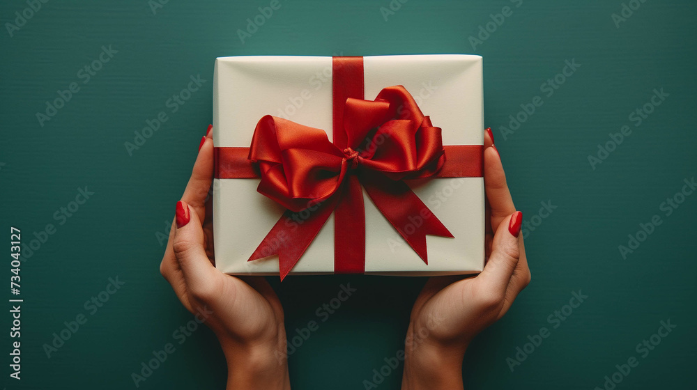 hands holding giftbox with red satin ribbon bow isolated background hands holding giftbox with red satin ribbon bow isolated background