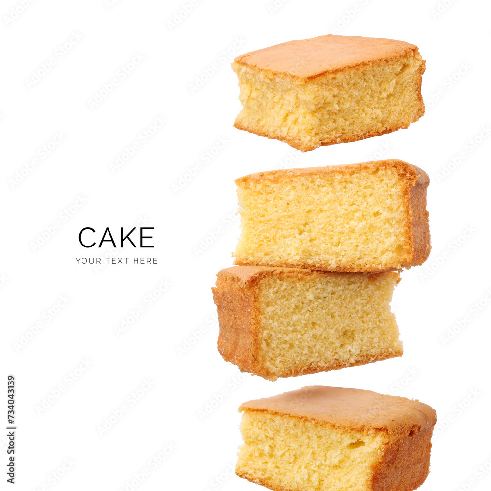 Creative layout made of fluffy cake on the white background. Flat lay. Food concept. Macro concept. Sponge Cake on the white background.
