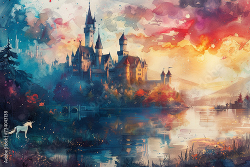 Castle and unicorn in palace wonderland and fairy tale characters, Watercolor illustration