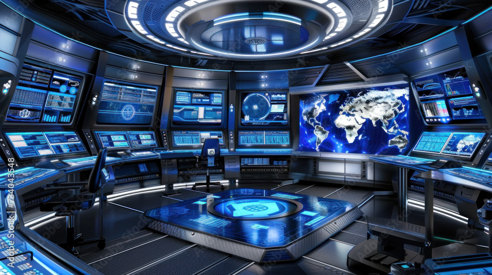 Futuristic command center featuring holographic displays Futuristic command center featuring holographic displays