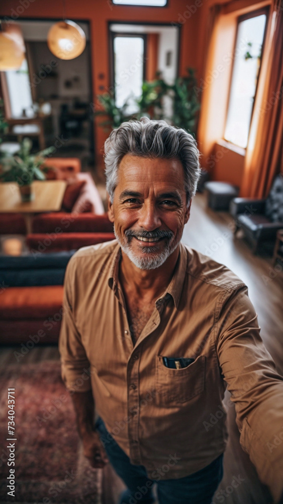 Happy mature Caucasian man taking a selfie portrait at home. Smiling at the camera