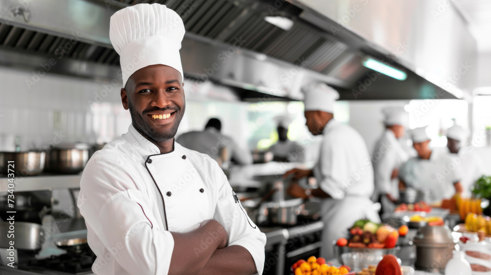 Smiling cheerful African American chef in professional kitchen