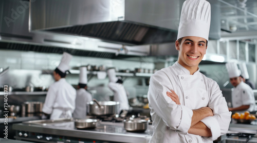 Smiling Caucasian male chef in commercial restaurant kitchen, hands crossed