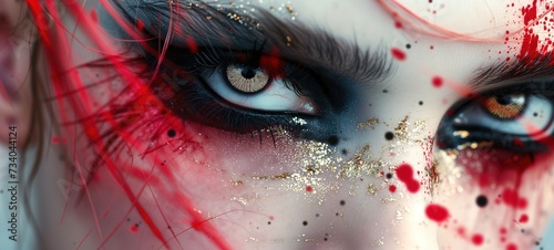 close up woman gold eyes wearing heavy punk style make up, smoky eye with splatter ,  red black color , Generative Ai photo