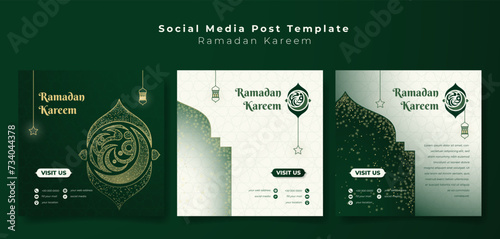 Set of social media post template in green white background with sparkle and line art of lantern and star for ramadan kareem campaign. arabic text mean is ramadan kareem.