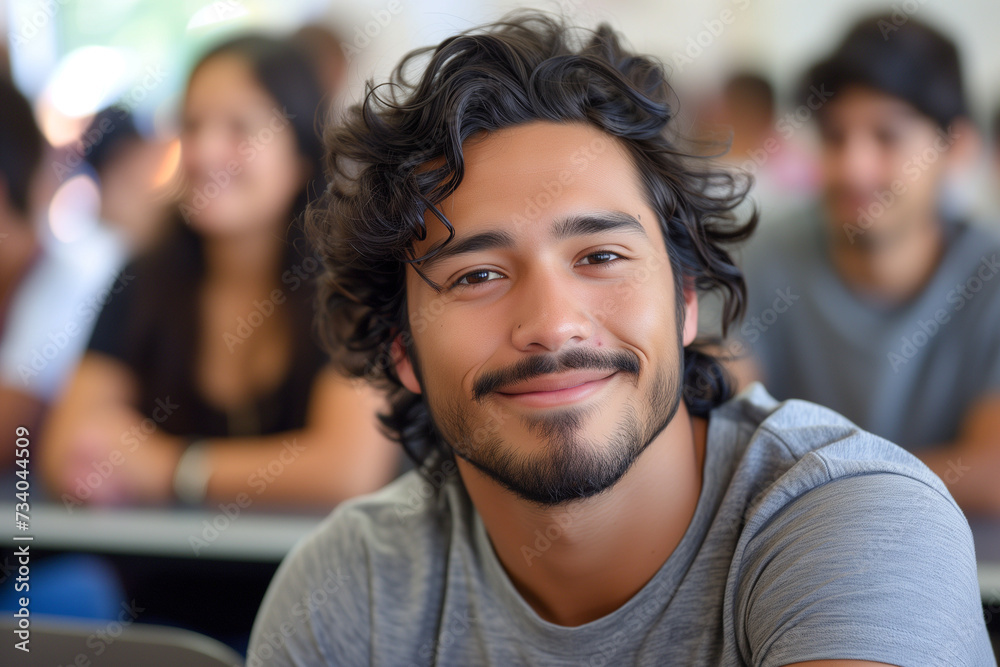 Smiling Latino Male College Student Studying in Classroom Education and Diversity Concept with Copy Space Smiling Latino Male College Student Studying in Classroom Education and Diversity Concept with Copy Space
