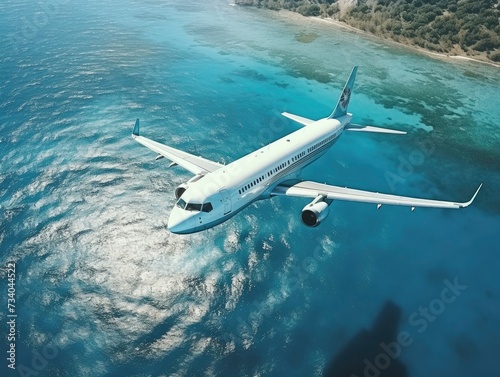 Airplane flying over a sea, view from above