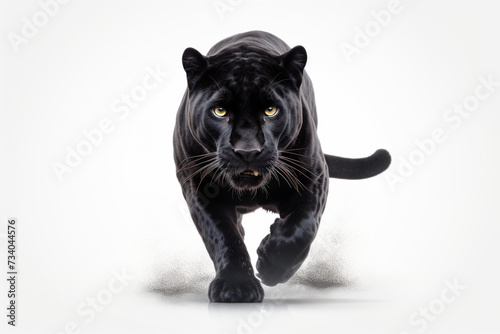 Black Jaguar Charging on a White Background. Beautiful feline portrait.