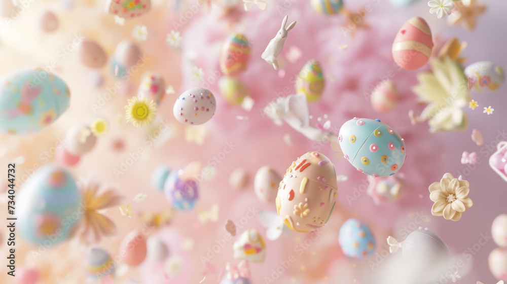 Easter Celebration with Decorated Eggs and Spring Flowers Under Blue Sky Easter Celebration with Decorated Eggs and Spring Flowers Under Blue Sky