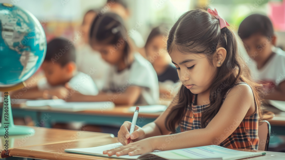 Young Girl Concentrating on Writing in Classroom with Globe and Classmates in Background Young Girl Concentrating on Writing in Classroom with Globe and Classmates in Background