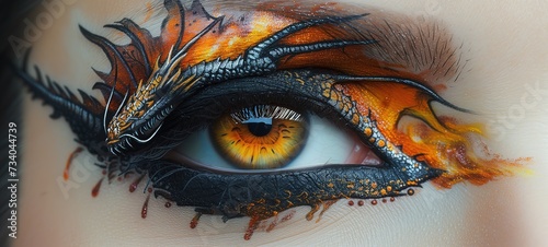close up woman eyes wearing make up paint in fire dragon scale , Generative Ai
