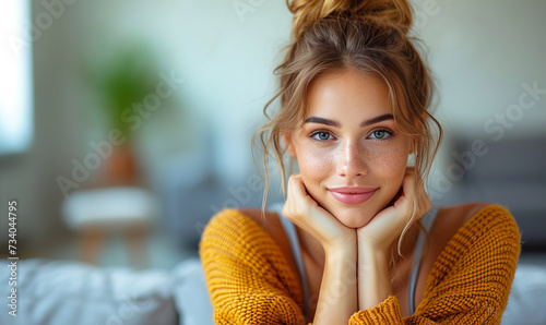 Portrait of a beautiful young girl with curly hair sitting in a room, listening attentively