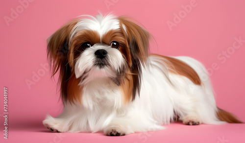 a small white and brown dog on a pink background in t