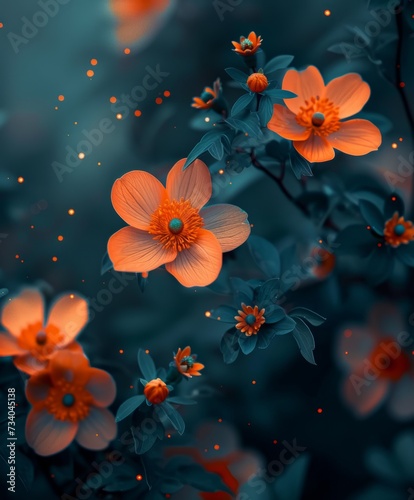 Closeup of orange blue Flower Composition. AI Generative © MendyZa