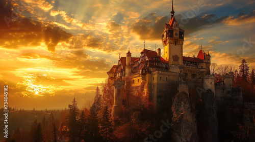 Beautiful medieval castle on top of a cliff, sunset light