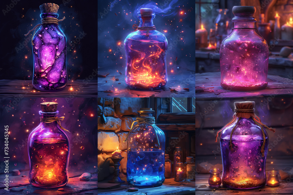 Collection of six fantasy potion bottles with cosmic and fiery motifs Collection of six fantasy potion bottles with cosmic and fiery motifs