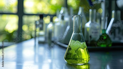 Eco-friendly biofuel contained in a laboratory flask, E-Fuel concept.