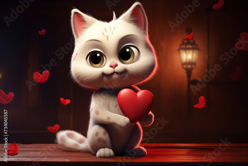 Close up cartoon kitty holding red heart celebrating love Valentine's Day or anniversary of wedding