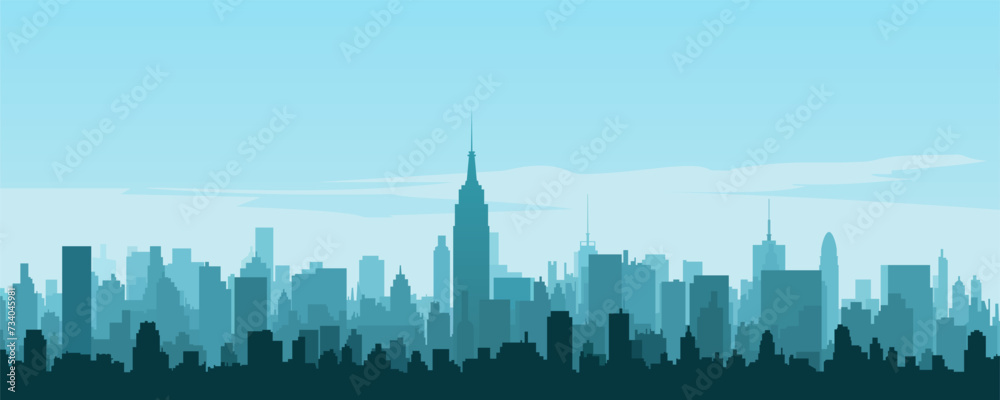 Cityscape with silhouettes of tall skyscrapers and office buildings. Panoramic landscape of the metropolis. Silhouettes of a modern city. Business district of the city. Vector illustration. - obrazy, fototapety, plakaty 