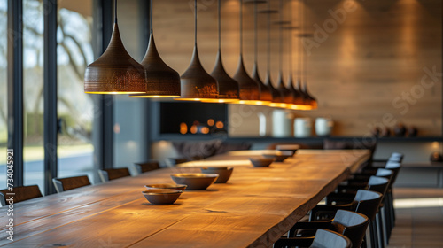 A dining area with a long, wooden table and a row of identical pendant lights hanging above. 