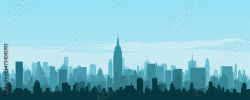 Cityscape with silhouettes of tall skyscrapers and office buildings. Panoramic landscape of the metropolis. Silhouettes of a modern city. Business district of the city. Vector illustration.
