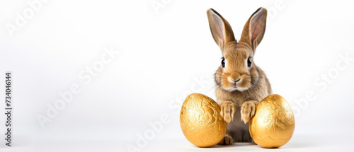 Happy easter concept holiday animal celebration greeting card - Cute little easter bunny, rabbit with golden painted easter eggs on a table, isolated on white background