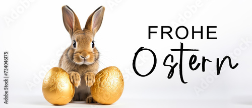 Frohe Ostern Konzept Feiertag Grußkarte mit deutschem Text - Süßer kleiner Osterhase, Kaninchen mit 2 goldenen Ostereiern auf Tisch, isoliert auf weissem Hintergrund