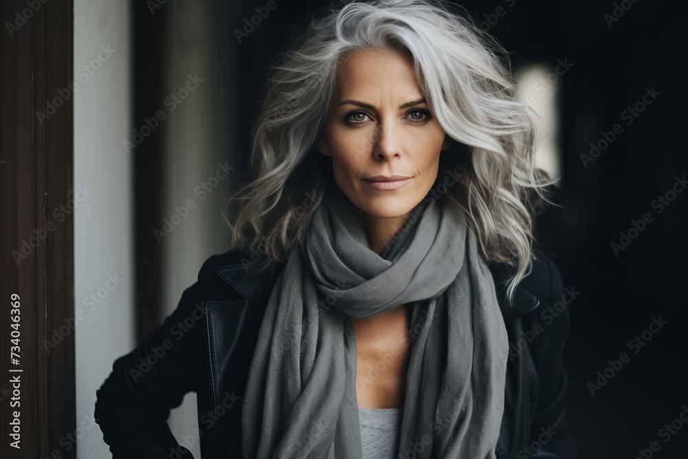 Portrait of a beautiful woman in a black coat and gray scarf