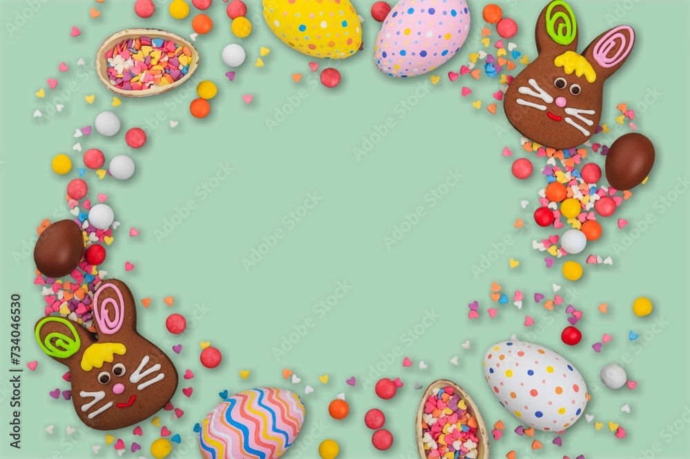 Happy Easter card with colored easter eggs on desk Happy Easter card with colored easter eggs on desk