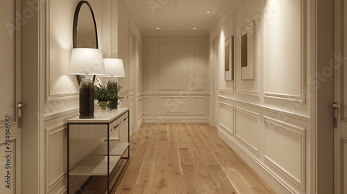 A hallway with clean lines  featuring a single statement mirror and a narrow console table. 