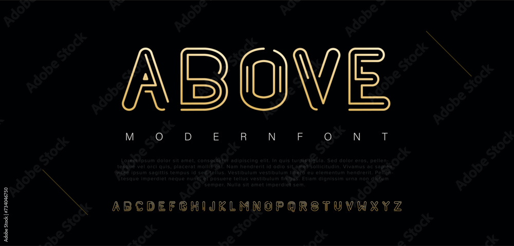 Above Double line monogram alphabet and tech fonts. Lines font regular uppercase and lowercase. Vector illustration. - obrazy, fototapety, plakaty 