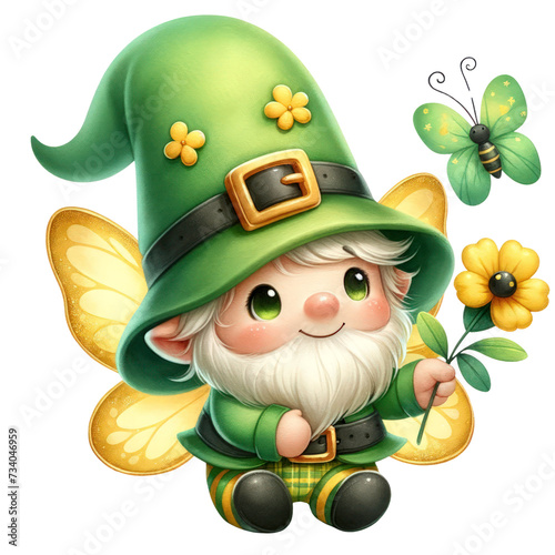 Watercolor Butterfly Gnome,Yellow butterfly wing,St. Patrick's Day,Irish-themed,Illustration Isolated on Transparent Background
