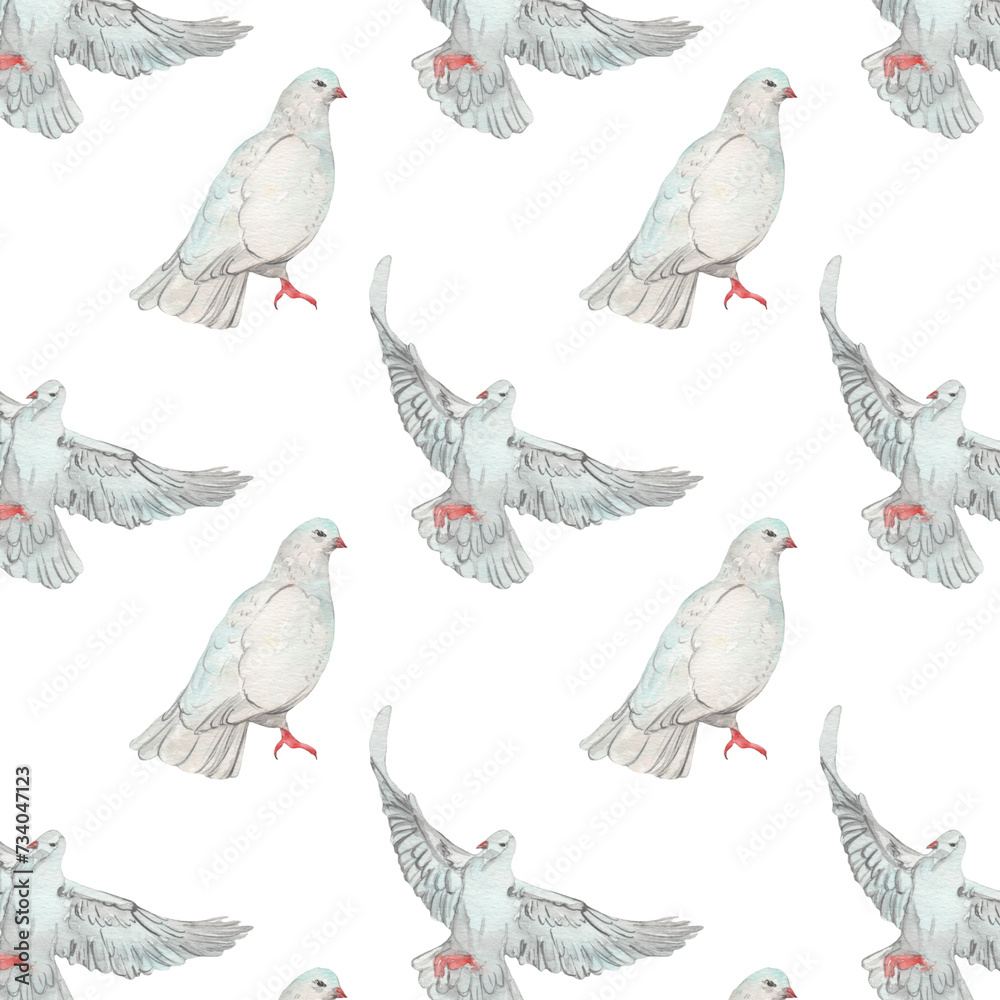 Obraz premium Watercolor birds flying pigeons paattern. Birds print. Hand painted illustration in natural colors on white backround.