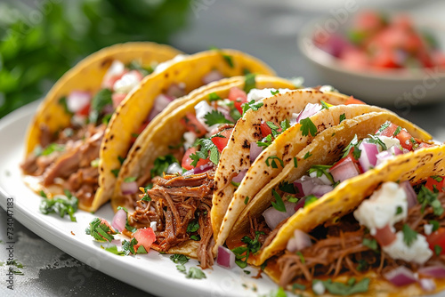 Mexican tacos with pulled beef and vegetables on a white plate photo