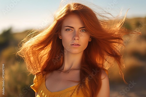 Beautiful Woman with Red Hair in Vibrant Field