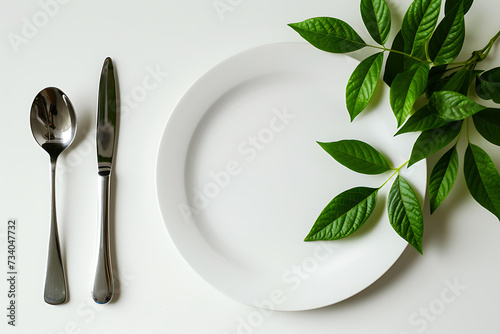 a white plate fork and spoon on table next to some gr