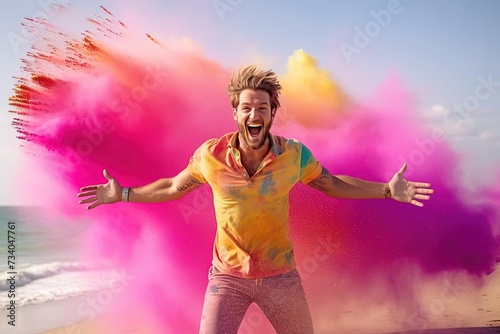 Cheerful Man Covered in Colored Powder: Beach Color Field © João Queirós
