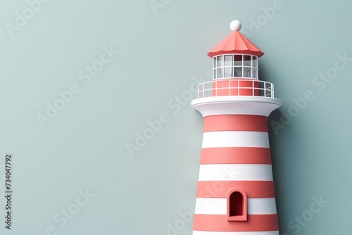 Red and White Lighthouse Against Blue Wall | 3D Render Close-Up
