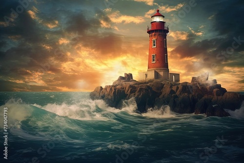 Beautiful Lighthouse on a Rock in the Ocean with Towering Waves