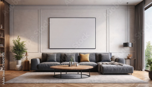 mock up poster frame in modern interior background gray sofa wood floor, large living room, Scandinavian style,