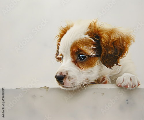 a white puppy with brown fur looking out of a blank s