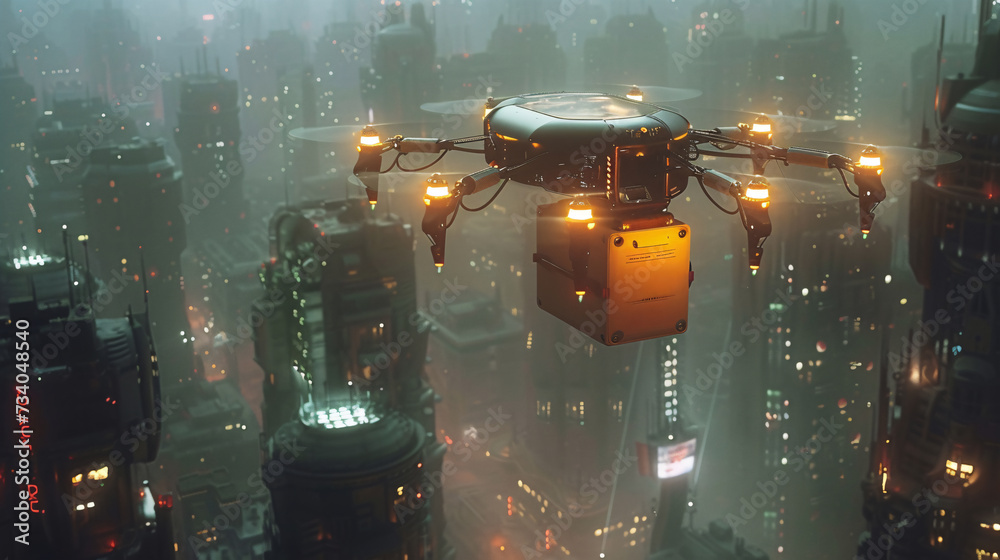 An autonomous delivery drone flies through a misty, illuminated urban ...