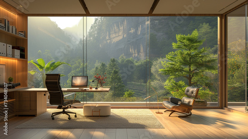 A minimalist home office with a single desk, a comfortable chair, and a view of nature. 