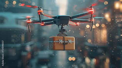 Small drone delivering packages in a snowy city.