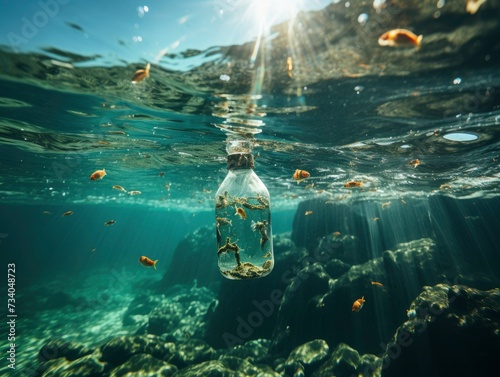 close up of Floating bottle. Problem of plastic pollution under the sea concept, copy space © kanesuan
