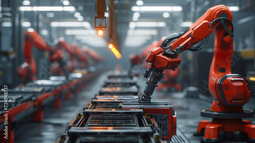 Row of identical red industrial robots is shown in perfect synchronization, performing tasks in a modern factory setting, illustrating the precision of contemporary manufacturing processes. photo