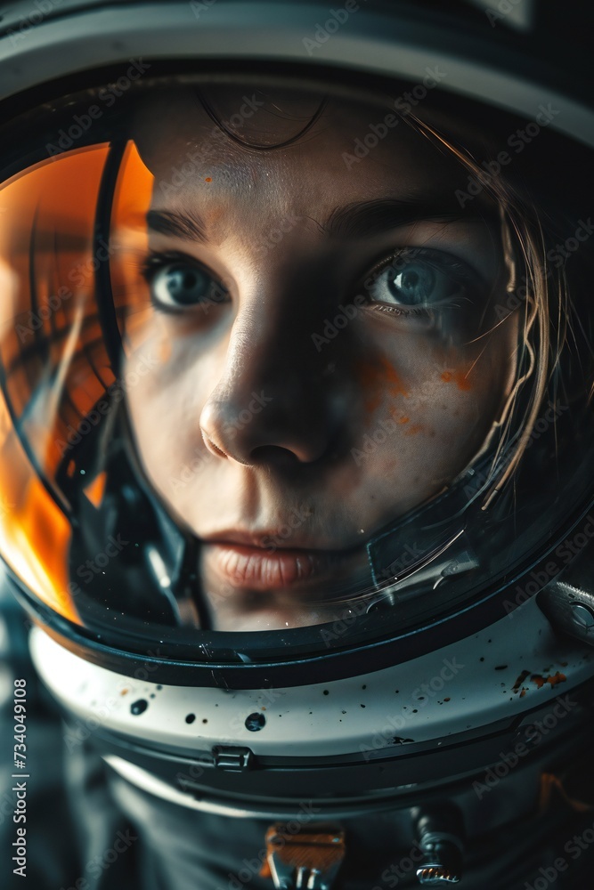 Female astronauts with intense gaze and orange reflections.