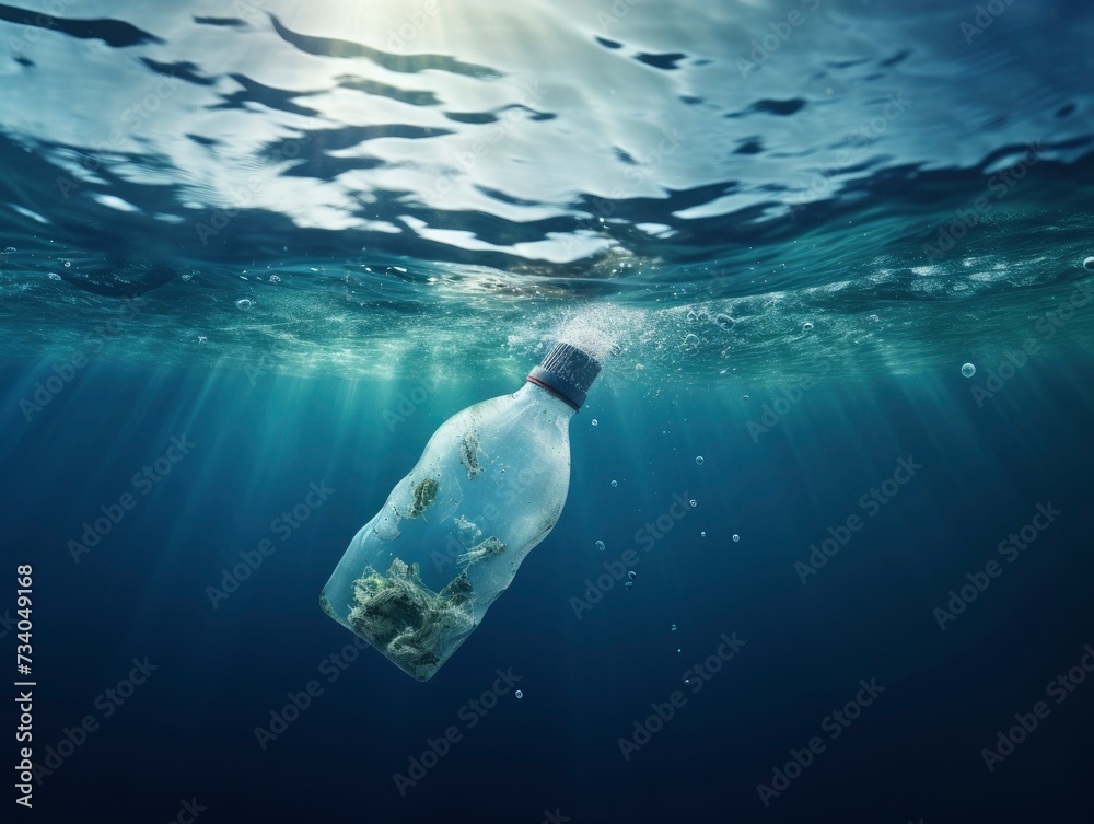 Fototapeta premium close up of Floating bottle. Problem of plastic pollution under the sea concept, copy space